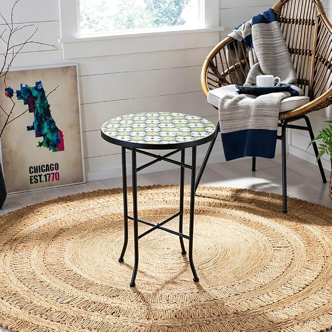 14 Inch Mosaic Patio Side Table with X-Straight Legs, Indoor Outdoor Accent Round End Table with Ceramic Tile Tops for Yard, Garden, Living Room, Bistro, A - Granny Square