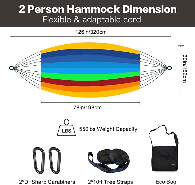 CHULIM Handwoven Mayan Hammock with 10ft Tree Straps, 550lbs Capacity Soft Rope Double Hammock, Portable Outdoor Hammock with Carry Bag for Camping Backyard Beach - Multi Color