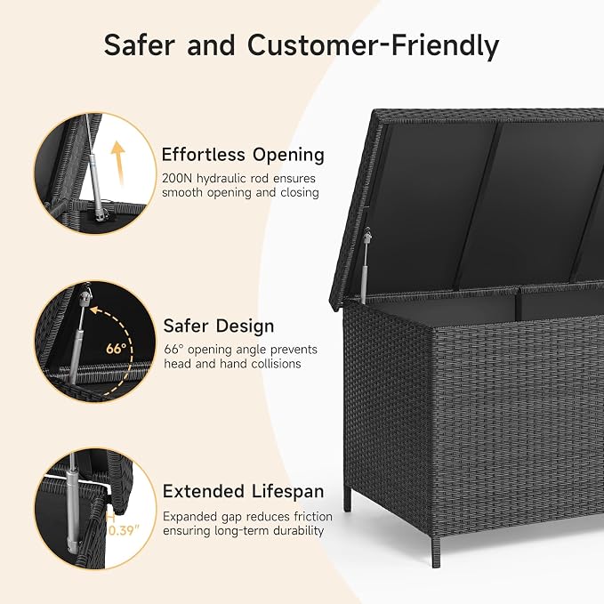 ONBRILL 158 Gallon XL Deck Box with Lid, All Weather Wicker Outdoor Storage Box Waterproof, Large Outdoor Patio Storage Bin for Cushions, Garden Tools, Gears, Black