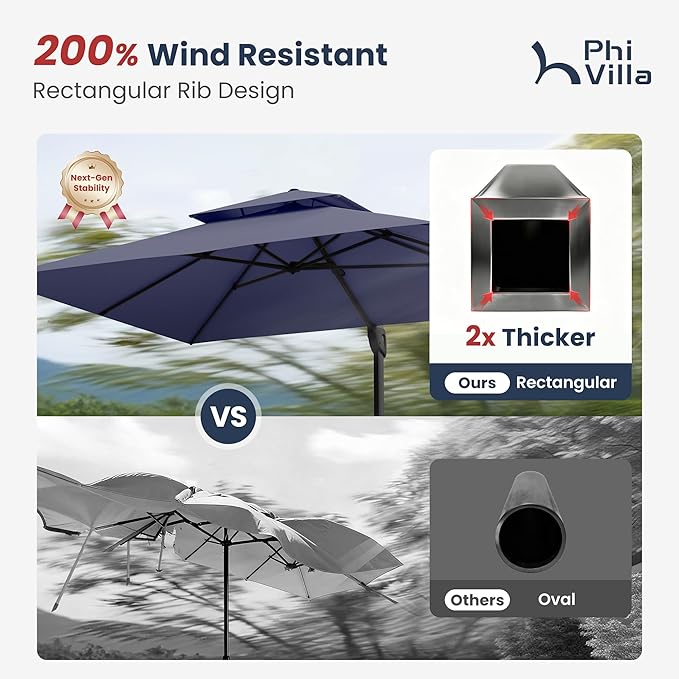 PHI VILLA 9' x 12' Rectangular Cantilever Patio Umbrella with Hydraulic Lift & 360° Rotation – Heavy Duty Windproof Offset Umbrella for Pool, Deck or Garden, Navy Blue