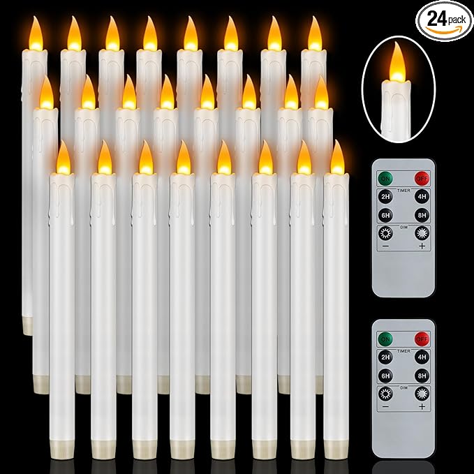wemarry Flameless Taper Candles with Remote, 10" White Battery Operated Led Candlesticks with Flickering 3D Flame, 24 Pcs Fake Taper Candles for Christmas Thanksgiving Wedding Home Décor