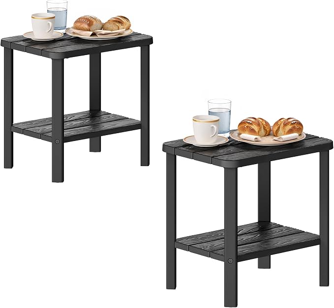KAMABOKO HDPE Outdoor Side Table Set of 2, 2-Tier Adirondack End Table Wood-Like Grain 16" Waterproof Square Storage Tables for Patio Pool Backyard Lawn and Indoor(Black)