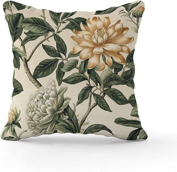 Green and White Chinoiserie Floral Pillow Cover Golden Lotus Flower Throw Pillow Cover Retro Throw Pillow Covers Farmhouse Decorative for Patio Tent Couch 22x22 in