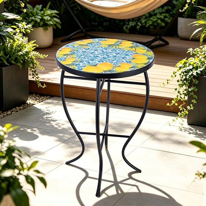 14 Inch Mosaic Patio Side Table with X-Curved Legs, Indoor Outdoor Accent Round End Table with Ceramic Tile Tops for Yard, Garden, Living Room, Bistro, C - Lemon & Blue Tile