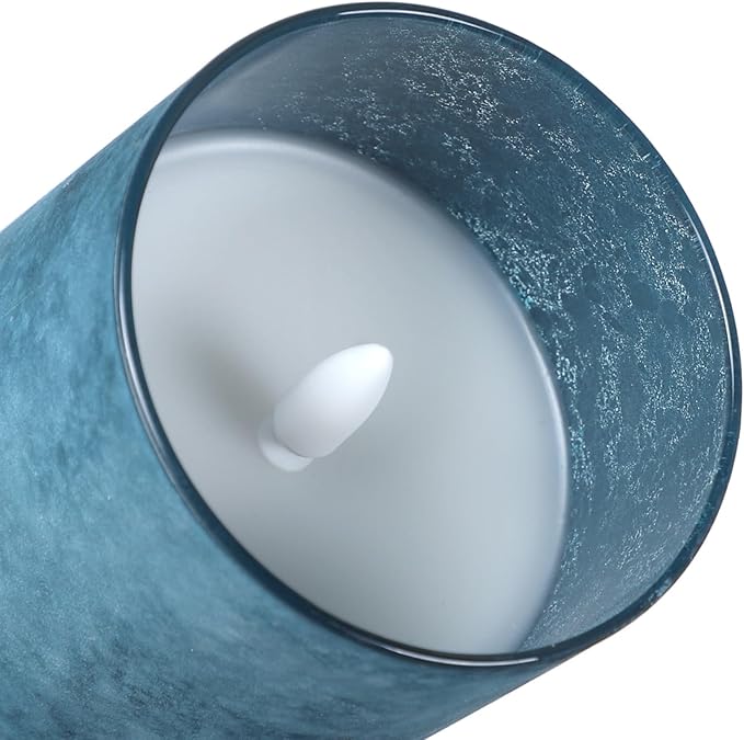 Blue Flameless Candles Set of 3, Sandblasted Glass LED Pillar Candles with Remote, Battery Operated Flickering Candles for Coastal Home Decor, Party Bathroom Holiday Birthday Wedding Decoration