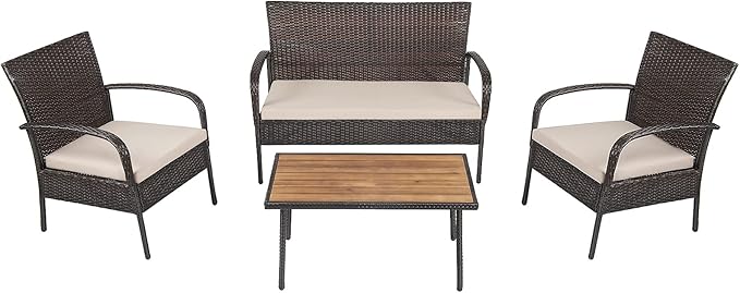 Wicker Conversation 4 Pieces Outdoor Patio Set with Washable Sofa Cushions, Rattan Wi, Brown (As PictureShows)