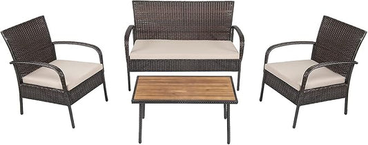 Wicker Conversation 4 Pieces Outdoor Patio Set with Washable Sofa Cushions, Rattan Wi, Brown (As PictureShows)