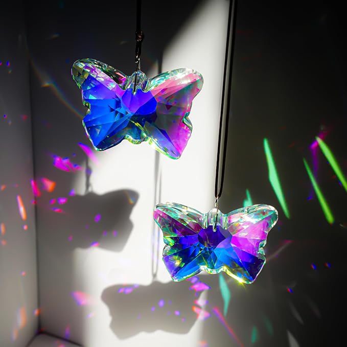 2 Pcs Crystal Butterfly Suncatcher Rainbow Maker Window Decor | 2.7 Inch Crystal Butterfly Sun Catchers Prisms Rainbow Maker Hanging Pendants for Window Garden Home Indoor Wedding Decor