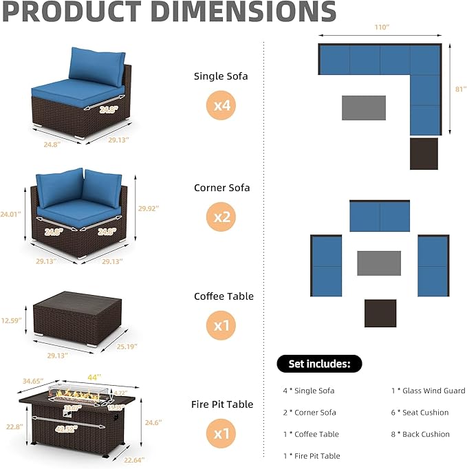 HOMREST 8 Pieces Outdoor Patio Furniture Set with 44" Propane Fire Pit Table, PE Rattan Sectional Sofa Conversation Set w/Adjustable Bracket, Wood Coffee Table for Backyard (Blue)
