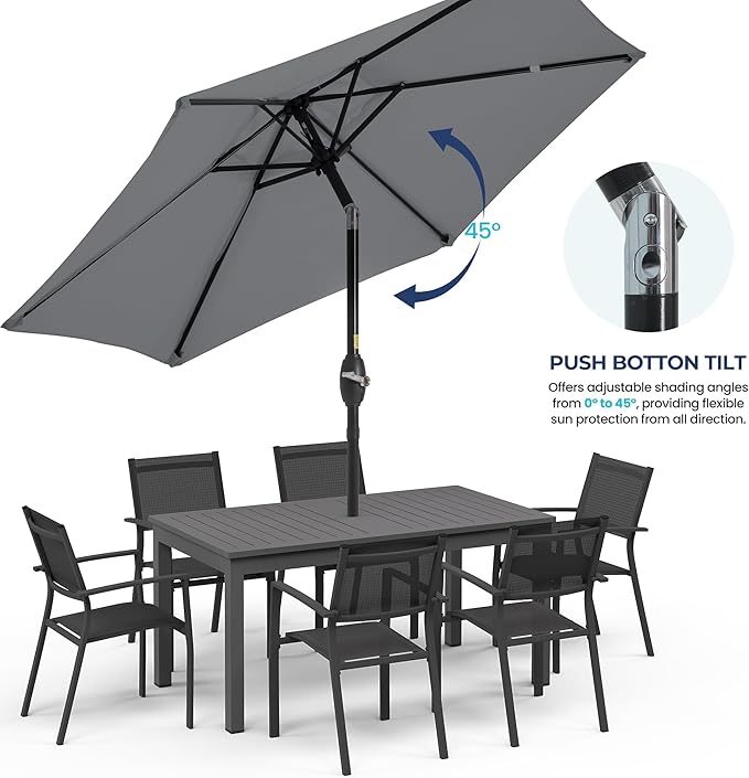 SUNVIVI OUTDOOR 7.5' Outdoor Patio Umbrella, Patio Umbrella, Market Umbrella, Aluminum Pole Umbrella with Push Button Tilt and Crank, 6 Ribs, Polyester Canopy, Grey
