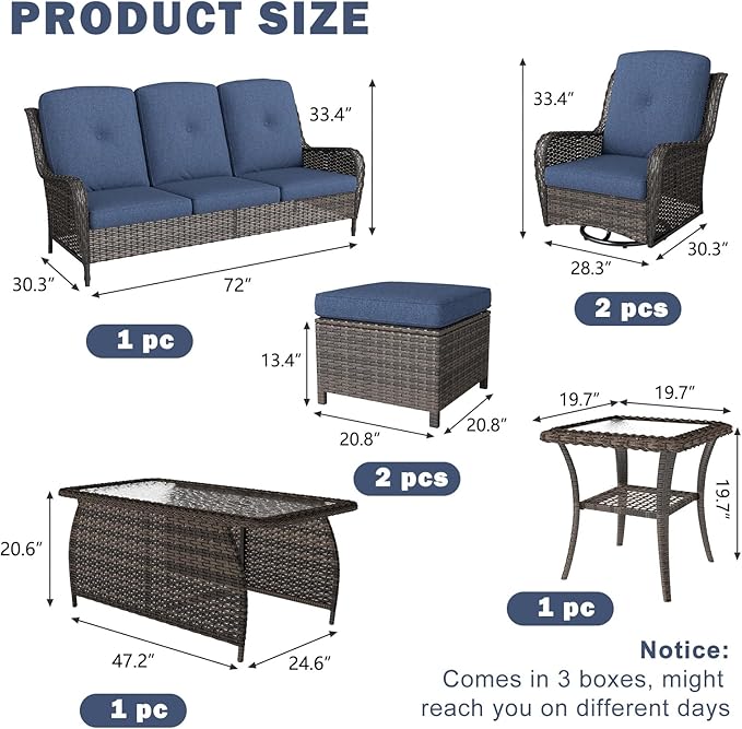 Kinsuite 7 PCS Patio Furniture Set, Outdoor Conversation Sets with Swivel Chairs & Ottomans, All-Weather Wicker Sectional Sofa with Thicken Cushions for Garden, Lawn, Deck, Backyard, Blue