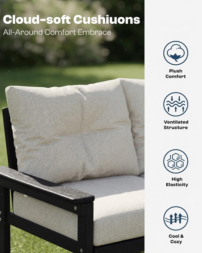HDPE Outdoor Patio Furniture Set, 7-Piece Patio Conversation Sets with Coffee Table & Side Table & Beige Washable Thick Cushions, Outdoor Sofa for Balcony, Porch(Black Frame)