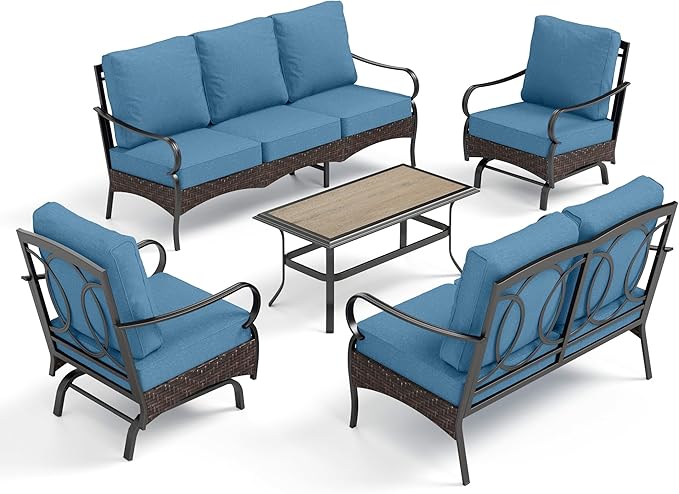 PHI VILLA Outdoor Modern Patio Furniture Set, Upgraded Wicker & Metal Patio Conversation Set with Waterproof Thick Cushions for Porch, Poolside, Yard(5 Pieces,Navy)
