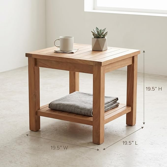 Hives & Honey Pavilion Outdoor Teak Side Table, Square 2-Tier Patio Table, Solid Grade-A Teak Wood for Deck, Porch, Balcony – Natural