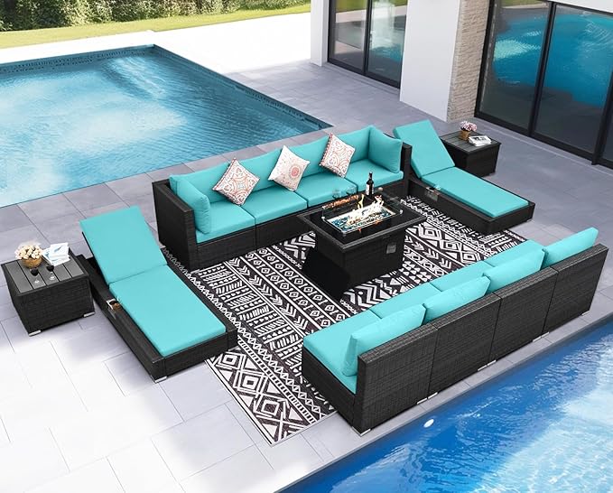 NICESOUL 13 Piece Outdoor Sectional w/Fire Pit Table, Luxury Modular Patio Furniture Set w/Chaise Lounge, Plus 29.3'' High-Back Seating Sofa, All-Weather Deck Couch for Poolside, Yard, Grey & Teal
