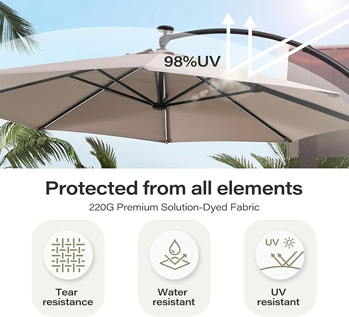 LAUSAINT HOME 11ft Patio Cantilever Umbrella with Base Included, Outdoor Curvy Round Offset Umbrella, Heavy Duty Aluminum, 360° Rotation for Pool, Deck, Lawn, Backyard (Beige with LED)