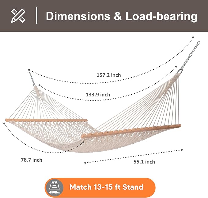 SUNCREAT Traditional Rope Double Hammock with Hardwood Spreader Bar and Detachable Large Pillow, 450 lbs Capacity