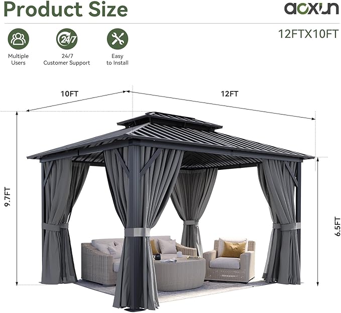 Aoxun 10Ft X 10Ft Hardtop Gazebo, Aluminum Metal Outdoor Gazebo with Breathable Netting and Curtains, Galvanized Steel Double Top, Permanent Patio Pavilion for Backyard, Wedding, Party