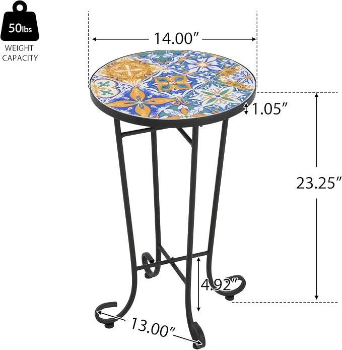 Christopher Knight Home Glady Outdoor Round Side Table, Patio Bistro Table with Ceramic Top and Metal Frame, Small Decorative Accent Table for Patio Garden Porch Balcony, Geometric