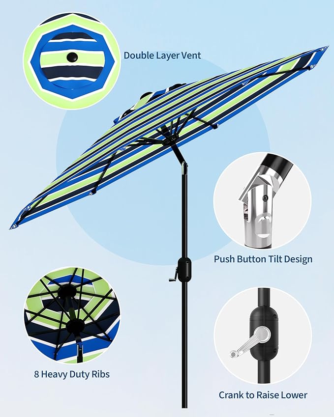GarveeLife Outdoor Patio Umbrella, Table Market Umbrella with Push Button Tilt and Crank, 8 Sturdy Ribs UV Protection Waterproof for Garden, Deck, Backyard, Pool