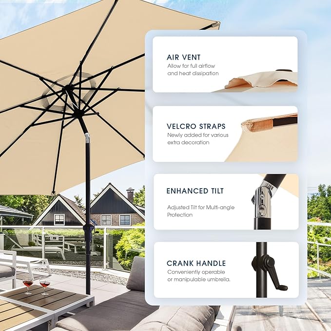 wikiwiki 9 FT Patio Umbrellas Outdoor Table Market Umbrella with Push Button Tilt/Crank,8 Sturdy Ribs, Fade Resistant Waterproof POLYESTER DTY Canopy for Garden, Lawn, Deck, Backyard & Pool
