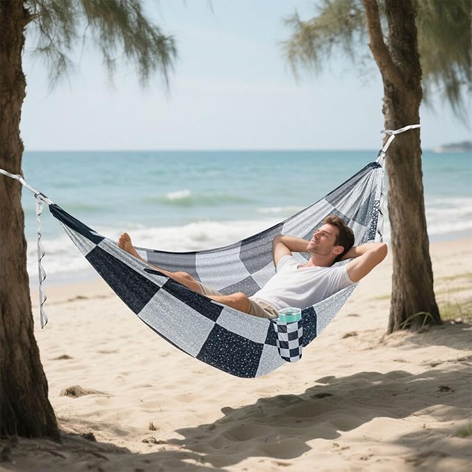 Fake Glitter Checkerboard Squares White Navy Blue 330lb Capacity Outdoor Hammock with Hanging Ropree Hammock for Patio Backyard Lounge Base Bases para hamacas para adultos