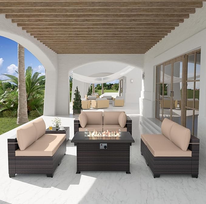 Patio Furniture Set with Fire Pit Table 8-Piece Outdoor Sectional Furniture Outdoor Rattan Patio Conversation Sets with 55,000 BTU Propane Gas Fire Pit Table and Glass Table, Sand