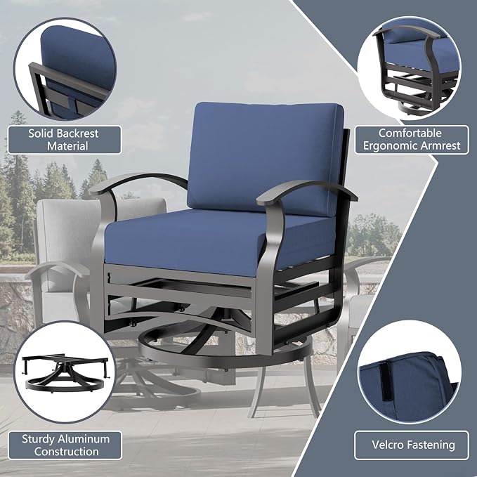 Aluminum Outdoor Patio Furniture Set,5 Seats Patio Conversation Sets with 2 Ottomans,Metal Patio Sectional Furniture Set with 2 Swivel Rocking Chairs, Navy Blue