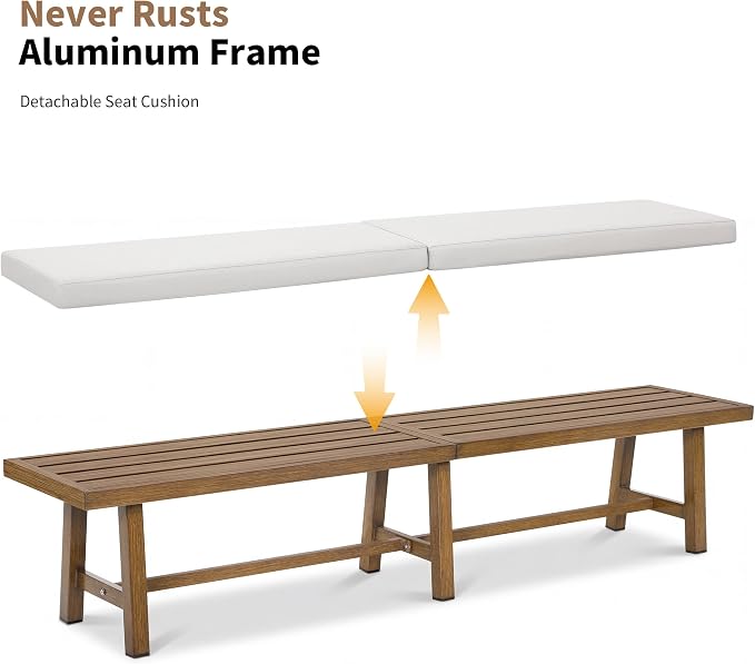 3-Person Outdoor Bench with Detachable Cushion, 76.3" Long Porch Bench Rust-Free Aluminum Garden Bench, Indoor Outdoor Dining Bench for Backyard, Poolside, Porch, Teak