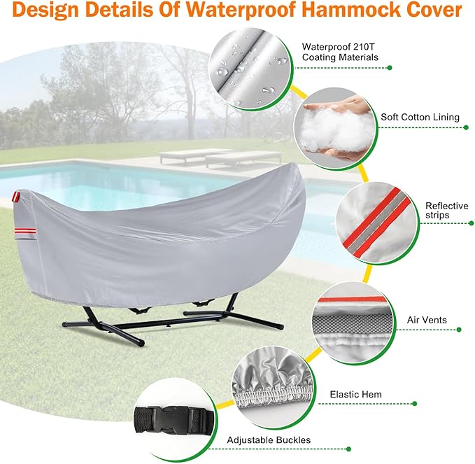 Waterproof 11-12 Hammock Cover, 210T Sun Rain UV Dust Snow Protection Outdoor Covers with Windproof Straps & Soft Cotton Lining for Hammock with 55 inch Spreader Bars -Silver