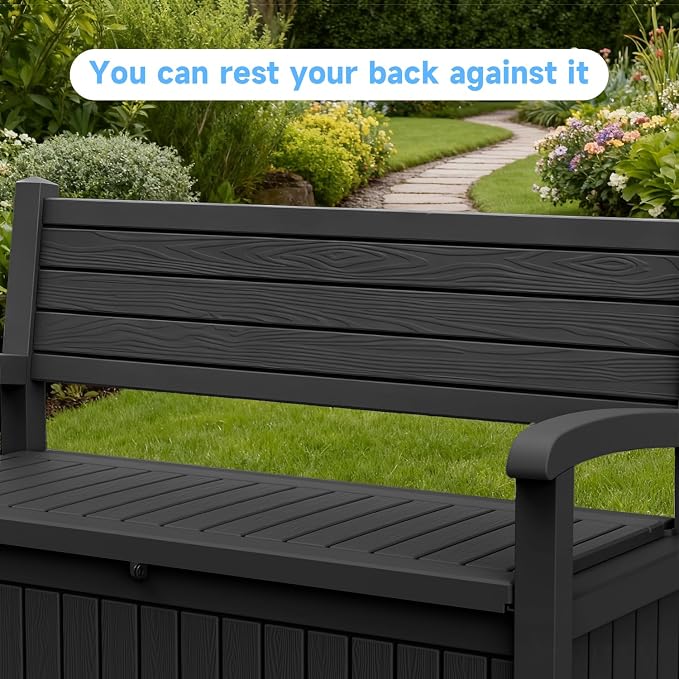 70 Gallon Outdoor Storage Bench， Waterproof and Lockable Outdoor Storage Box, Durable Resin Deck Box for Patio, Backyard, Garden, Porch(Black)