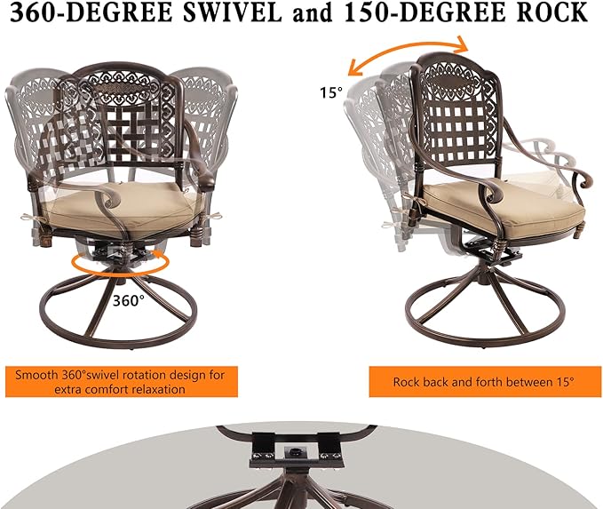Grepatio 9 Piece Cast Aluminum Patio Furniture Set Outdoor Dining Set Bistro Furniture Set with 6&2 Swivel Chairs and Table with Umbrella Hole, 8 Cushions for Backyard Garden Poolside (Grid Khaki)
