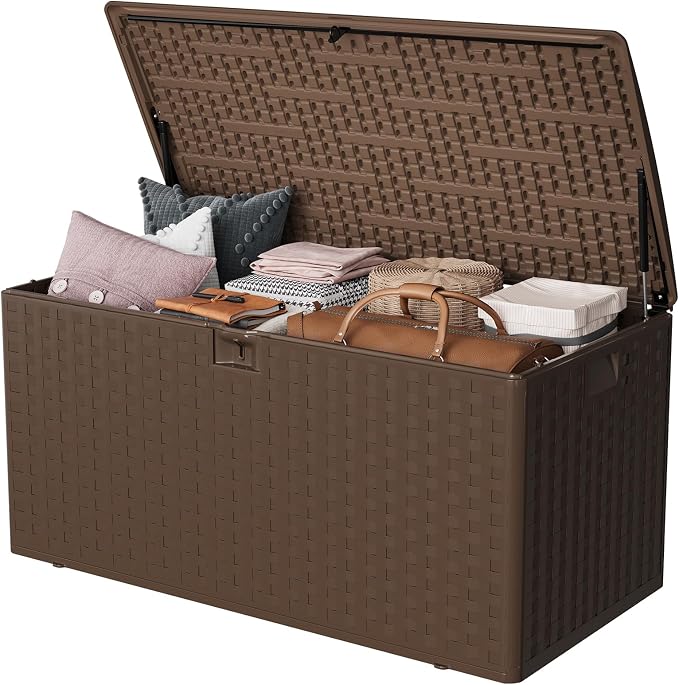 50 * 22 * 25 Inch Brown Resin Deck Box, 99 Gallon Outdoor Storage Box– Waterproof Lockable Outdoor Storage, Patio Container for Cushions/Garden Tools/Pool Accessories -With Gas Strut Brown