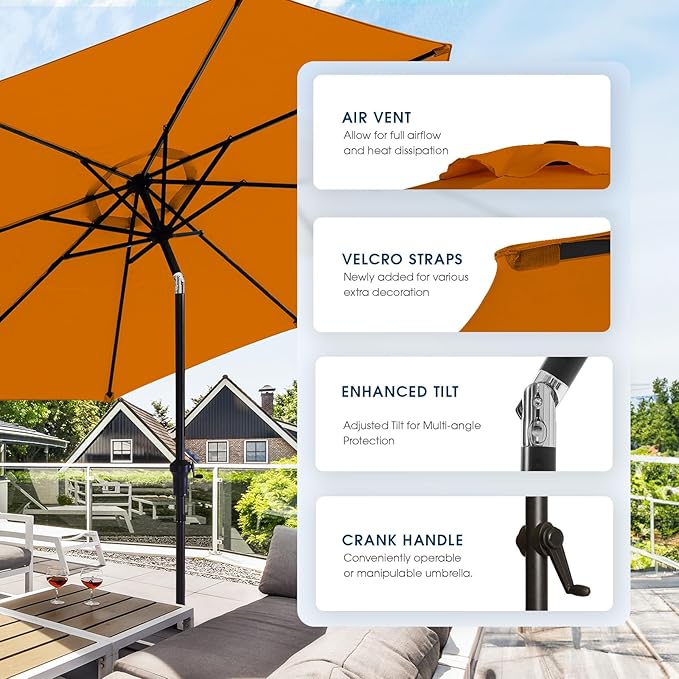 wikiwiki 9FT Patio Umbrella with Base, Outdoor Umbrellas with Base Included, 8 Sturdy Ribs, Waterproof Fade Resistant POLYESTER DTY Canopy for Deck, Lawn, Garden, Backyard & Pool, Orange