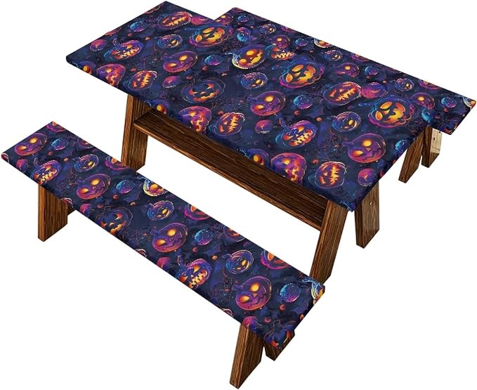 Halloween Picnic Table Cover with Bench Covers Washable Outdoor Camping Tablecloth Summer Abrasion Resistant Waterproof Picnic Table Cover 3 Piece Set