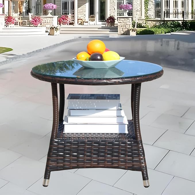 Outdoor Rattan Patio Side Tables, Wicker Table with Clear Tempered Glass Top, Patio End Tables with Storage Shelf, Outdoor Small Tables for Patio,Porch,Balcony,Backyard (Brown, 21.00 Inch)