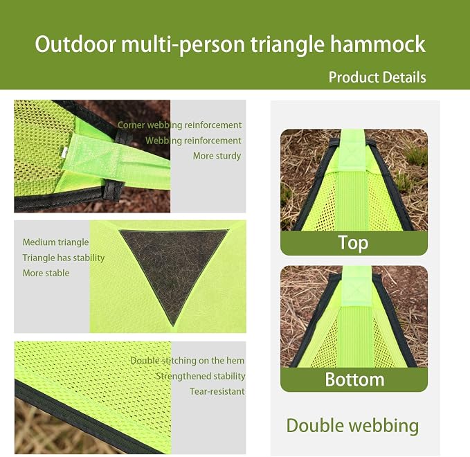 Multi-person triangular hammock, aerial camping hammock, suspended type, suitable for outdoor adventures, hiking, backyards, and gardens, includes straps, buckles, and storage bag (Black, 110in*110in)