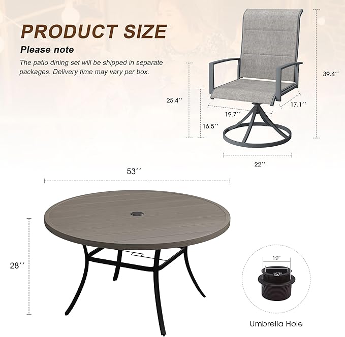 VICLLAX 9 Pieces Outdoor Dining Set, Patio Furniture Set Includes 53" Round Metal Table W/ 1.9" Umbrella Hole and 8 Padded Textilene Swivel Chairs for Porch, Lawn, Garden, Backyard