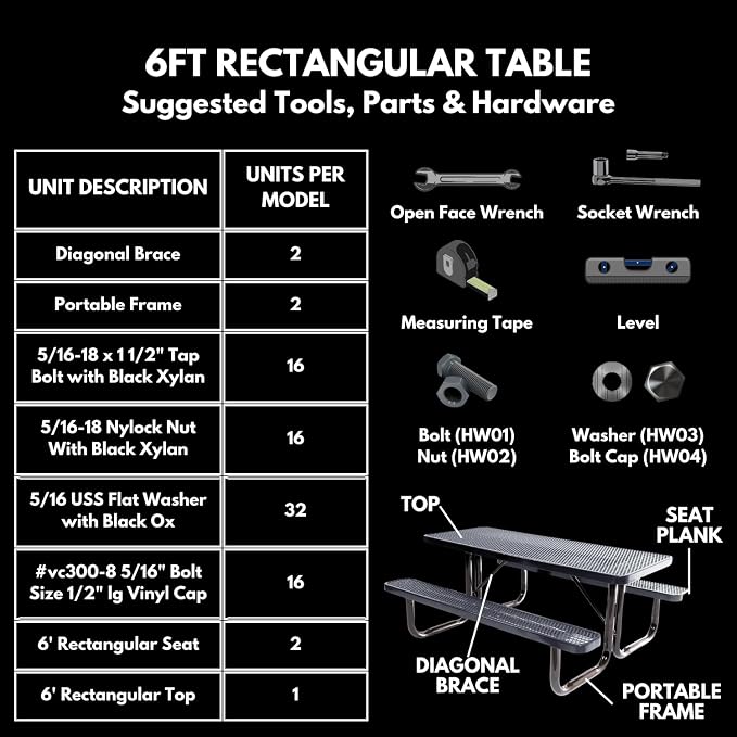 COATEDOUTDOORFURNITURE T6-P-DGRN Heavy Duty Rectangular Portable Picnic Table, 6 Ft, Dark Green, Made in America