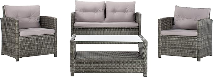 Safavieh PAT7516B Collection Vellor Grey 4-Piece Outdoor Living Patio Set, Grey/Grey