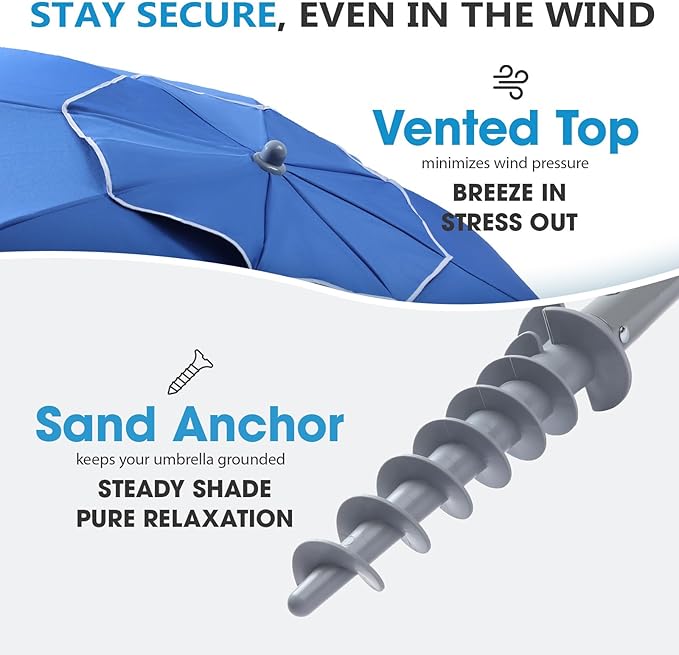 wikiwiki 7ft Beach Umbrella with Sand Anchor & Tilt, UPF 50+ Protection Beach Umbrellas for Sand, with Carry Bag and Hook, for Patio Garden Pool, Dark Blue