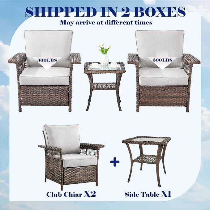 Outdoor Patio Chairs Wicker Chair - 3 Piece Rattan Patio Bistro Chairs Set with Sturdy Frame,All-Weather PE Wicker and Comfortable Cushions,1 Side Table for Outside Porch Deck Balcony(Brown/Beige)