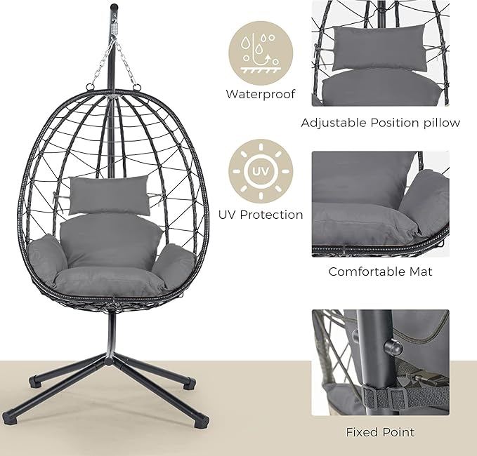 Hanging Egg Chair with Stand, Comfy Indoor/Outdoor Rattan Swing Hammock Chairs, 350lbs Capacity for Patio, Bedroom, Garden (Gray)
