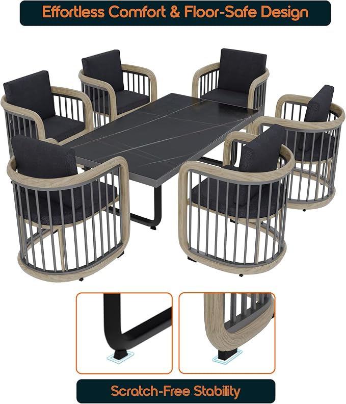 Klyra 7-Piece Outdoor Patio Dining Set Modern Aluminum Rectangular Dining Table and 6 Slatted Chairs with Stain-Resistant Cushions, Weather-Resistant Furniture for Garden, Deck, and Indoor Use, Grey