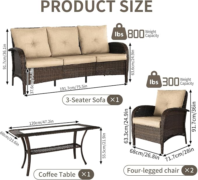 Outdoor Swivel Rocker Patio Chairs (Brown Wicker/Khaki Cushion, 4PC/Sofa & Chair &Coffee Table)