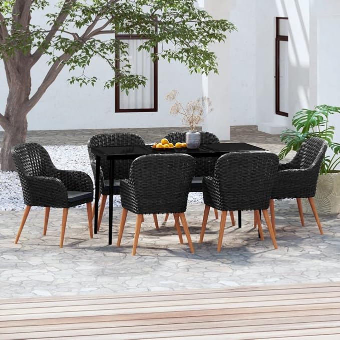 7 Piece Patio Dining Set, Outdoor Wicker Dining Table and Chairs with Dark Gray Cushions, Black Rattan Garden Furniture Set with Glass Tabletop for Backyard, Porch