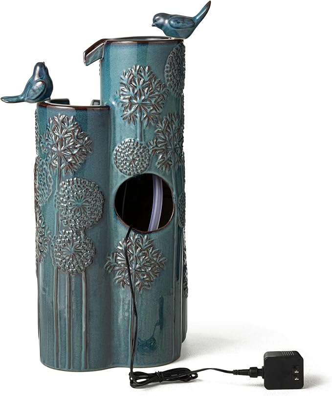 Glitzhome 26.25" H Ceramic Outdoor Water Fountain, 4-Tiered Vase Outdoor Floor Fountain with LED Lights and Pump,Turquoise Dandelion Texture,Decorative Water Feature,Cascading Waterfall for Garden