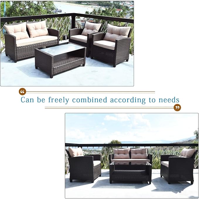 Tangkula 8-Piece Patio Furniture Set, Rattan Wicker Chair Set with 2 Loveseat, 4 Single Sofas, 2 Coffee Table with Tempered Glass Top, Outdoor Furniture Sets for Backyard, Porch, Garden and Poolside