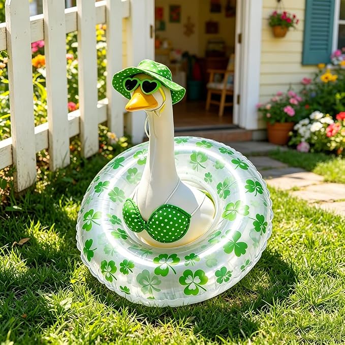 Hawaiian Porch Goose Outfits with Hat Sunglasses & Swim Ring, Summer Bikini Goose Outfit Clothes Costume Fits 23" Cement Geese Statue, Summer Garden Lawn Patio Yard Outdoor Decor (Summer style-Green)
