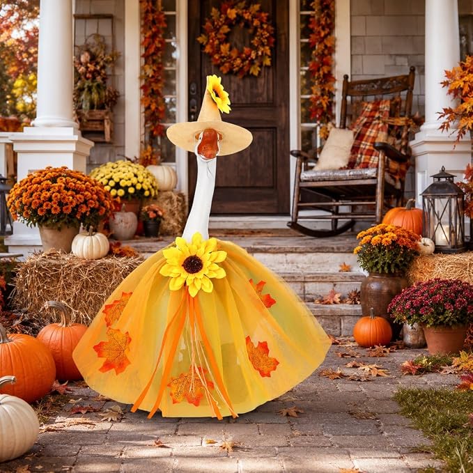 STONESTAR Fall Sunflower Porch Goose Outfits for 23'' Lawn Geese Statue, Autumn Maple Leaves Goose Clothes and Hat Costume Set for Patio Yard Outdoor Thanksgiving Holiday Decor